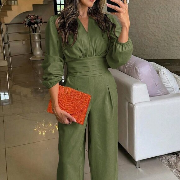 Army Green Elegant Women's Casual Solid Color Lantern Sleeve Jumpsuit - Picture 2 of 9